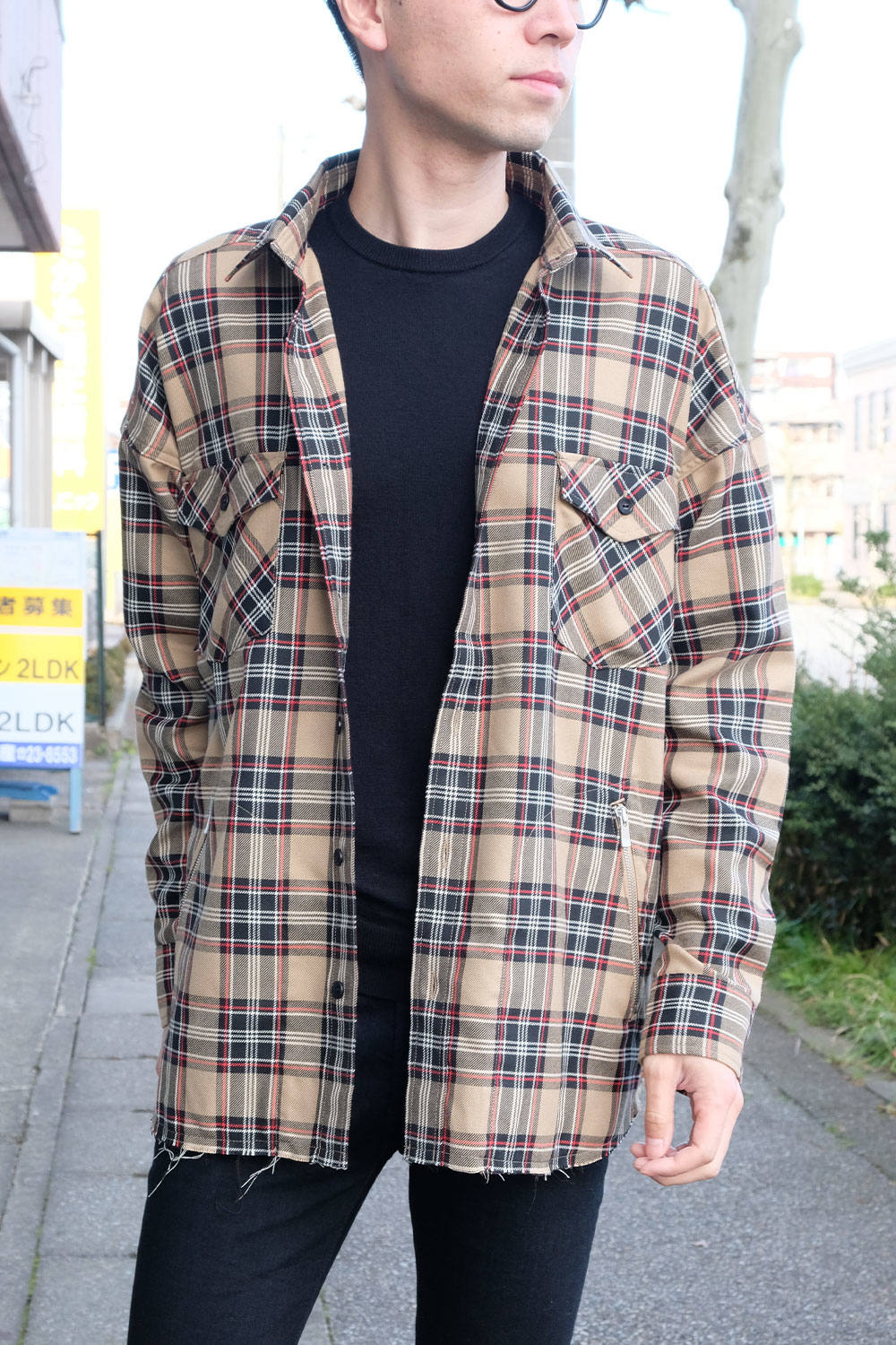 Resound Clothing ラスト1点 Over Gown Shirts ルーズシルエット フランネルチェックシャツ ベージュ Filo